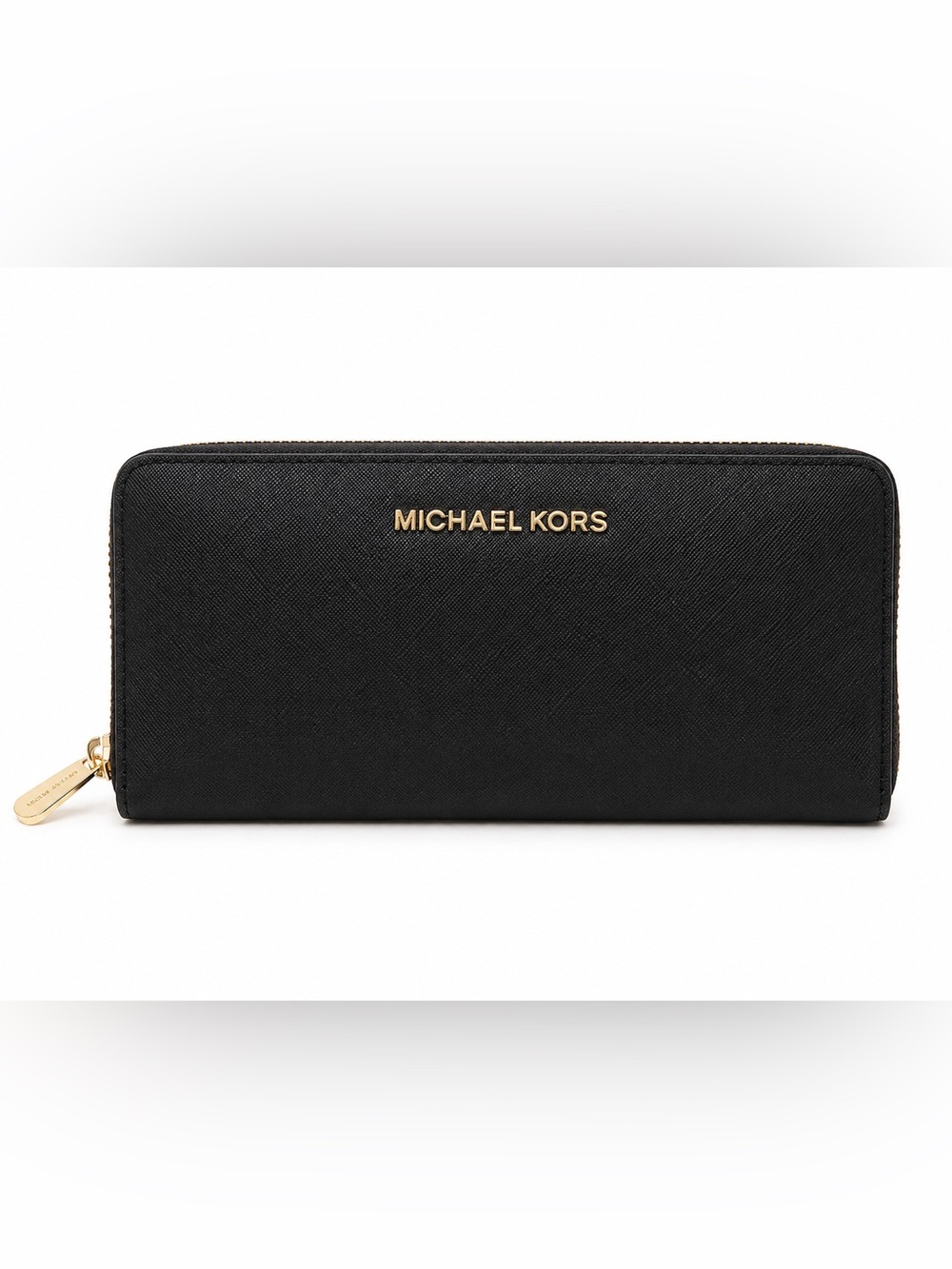 Michael Kors Black Saffiano Zip Around Wallet Gold Hardware 9x4